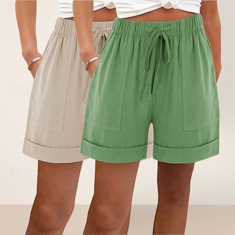 pachete multiple 2 buc pantaloni scurți de damă din bumbac și in, pantaloni scurți de vară, pantaloni scurți de plajă, vacanță, pantaloni scurți simpli, talie înaltă, simplu, cu buzunar, talie elastică, confortabili, moi, confortabili, neelastici, zilnic, 2026 - $31.99 –P9