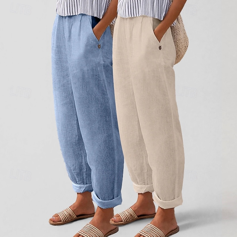 Πολυσυσκευασίες 2 τεμαχίων γυναικείο παντελόνι 100% βαμβάκι καλοκαιρινό παντελόνι casual παντελόνι διακοπών βασικό ψηλόμεσο απλό τσέπη άνεση μαλακό αναπνεύσιμο ανελαστικό casual καθημερινό αθλητικό λευκό+πράσινο λευκό+χακί 2026 - $31.99 –P5