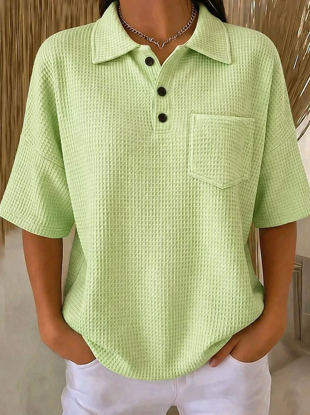Women's Waffle Shirt Summer Tops Pocket Buttons Solid Color Vintage Stylish Sleeveless Half Sleeve Polo Collar Regular Tops Casual Daily Outdoor Yellow Pink Red Green Summer Spring Fall 2026 - $27.99 –P1