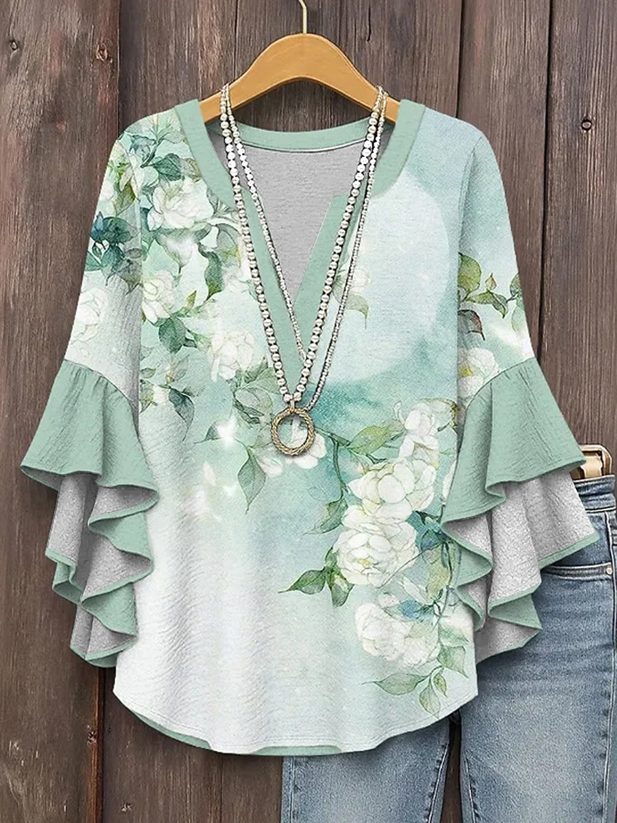 Dames Overhemd Blouse Ruche Afdrukken Bloemig Grafisch Vakantie Dagelijks Retro vintage Halve mouw V-hals Lange tops Dagelijks Feestdagen Uitgaan Wit Leger Groen Groen Zomer Lente Herfst 2026 - $32.99 –P3