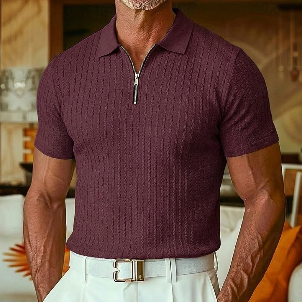 Herr Strukturerad Quarter Zip Polo Ledigt Utomhus Fjärdedels blixtlås Kortärmad Mode Modern Ensfärgat Jacquard Stickat Sommar Vår Vår & Höst Smal passform Svart Vit Vinröd Marinblå Khaki grön Armégrön 2026 - $22.99 –P9