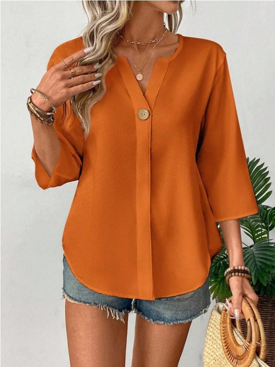 Mujer Camisa Blusa Remera de algodón Botones Plano Elegante Clásico Moderno Manga 3/4 Escote en Pico Tops regulares Diario Festivos Noche Negro Blanco Naranja Verano Primavera 2026 - $29.99 –P10