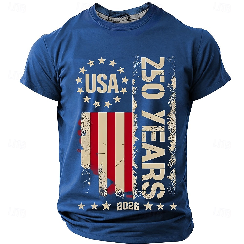 4. juli 2026 250. Herre Helfarge Amerikansk amerikansk flagg T skjorte Kortermet T skjorte 3D-utskrift Crew-hals Skjorte Vintage retro Patriotisk Daglig Festival Blå Svart Burgunder Sommer Vår Klær S 2026 - $18.99 –P3