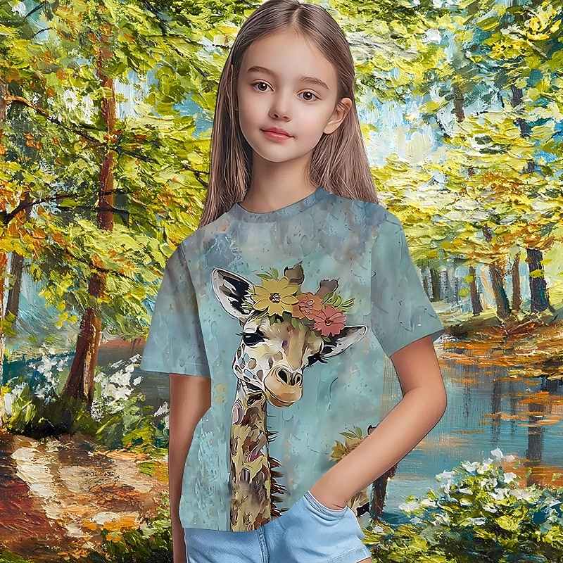 Ragazze 3D Grafico Animale Giraffa Maglietta Manica Corta Stampa 3D Primavera Attivo Carino Bambini 5-12 anni Casuale Quotidiano Scuola Vestibilità regolare del 2026 a $13.49 –P2