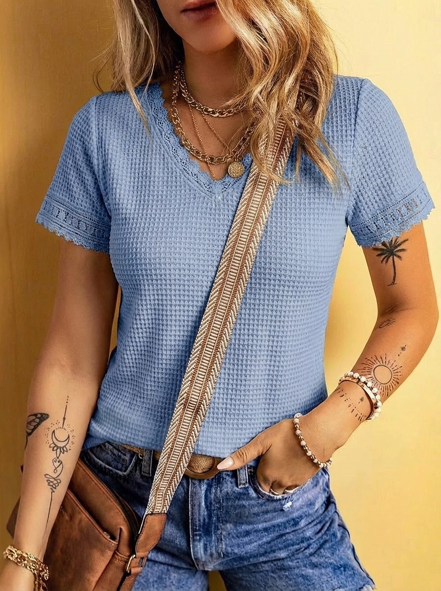 Women's Waffle T-shirt Lace Splicing Top Tee Top Elegant Stylish Short Sleeve V Neck Regular Tops Casual Going out Vacation Wear Blue Black White Green Apricot Summer Spring 2026 - $22.99 –P1