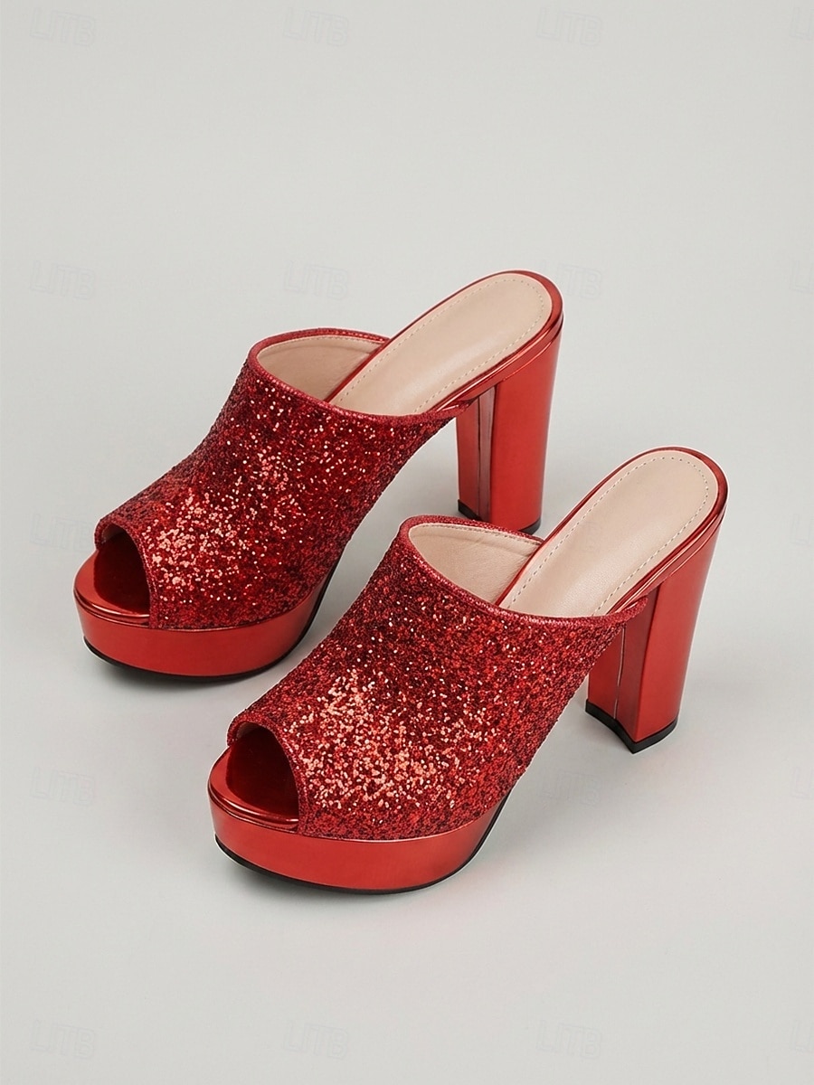Rode glitter platform muiltjes voor dames – stevige instapsandalen met blokhak voor de nachtclub of een feestje. &een glamoureuze avond uit 2026 - $54.99 –P4