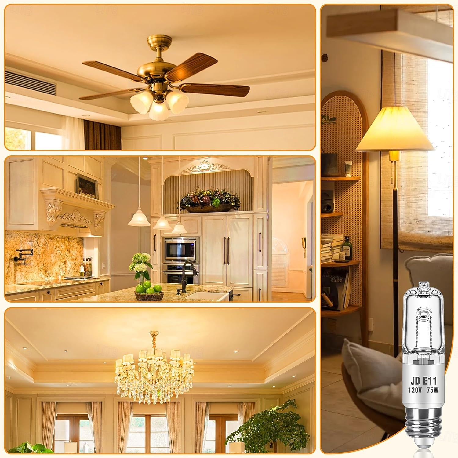 Becuri mini candelabre cu halogen jde11 120v 75w/100w, bec t4 jd e11 (bec LED de schimb e11) bec halogen t4 alb cald 2700k, reglabil, pentru ventilator de tavan, candelabre, lămpi de masă, 4 buc. 2026 - $23.99 –P1