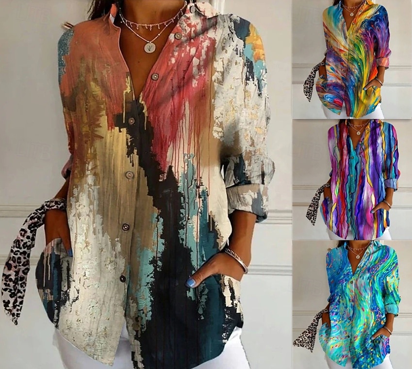 Women's Blouse Buttons Print Graphic Vacation Vintage Stylish Long Sleeve V Neck Regular Tops Daily Blue Yellow Royal Blue Khaki Summer Spring Fall 2026 - $35.99 –P1