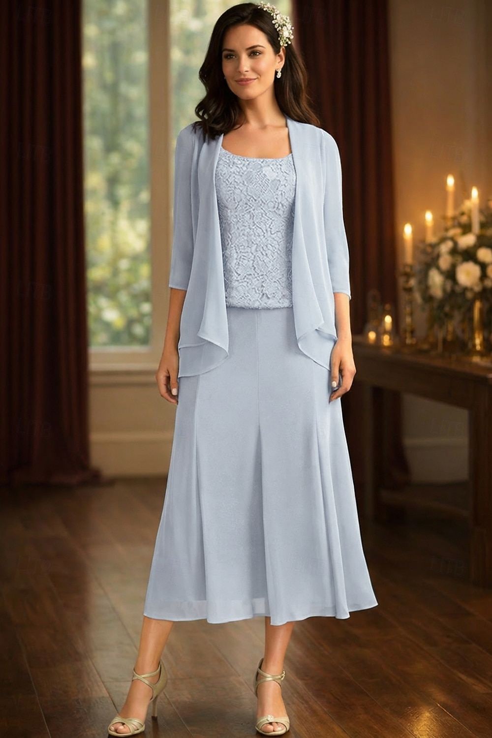 Ensembles de robes longueur thé robe de invitée de mariage robe de mère de la mariée à manches 3/4 décolleté carré élégante simple pour invité de mariage avec couleur unie de 2026 ? $183.99 –P10