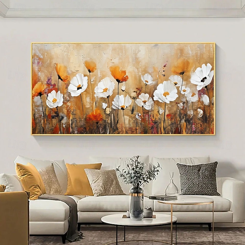 2026年 キャンバスに手描きされた壁掛け絵画、オレンジと白の花の風景