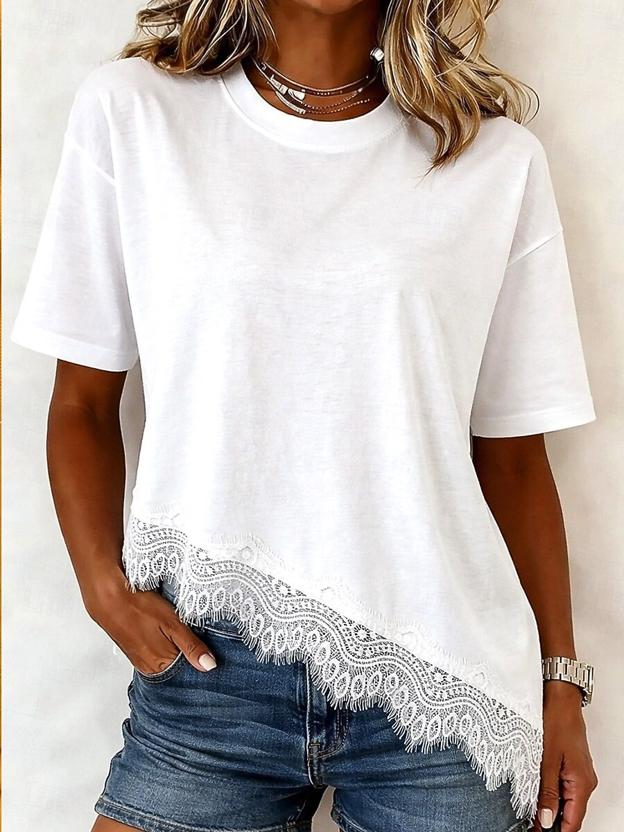 Γυναικεία Κομψή Χιτώνας Μπλουζάκι Ασύμμετρο στρίφωμα Σκέτο Κομψό Βοημία Κοντομάνικο Στρογγυλή Ψηλή Λαιμόκοψη Μακριές μπλούζες Causal Μαύρο Λευκό Καλοκαίρι Άνοιξη 2026 - $22.99 –P1