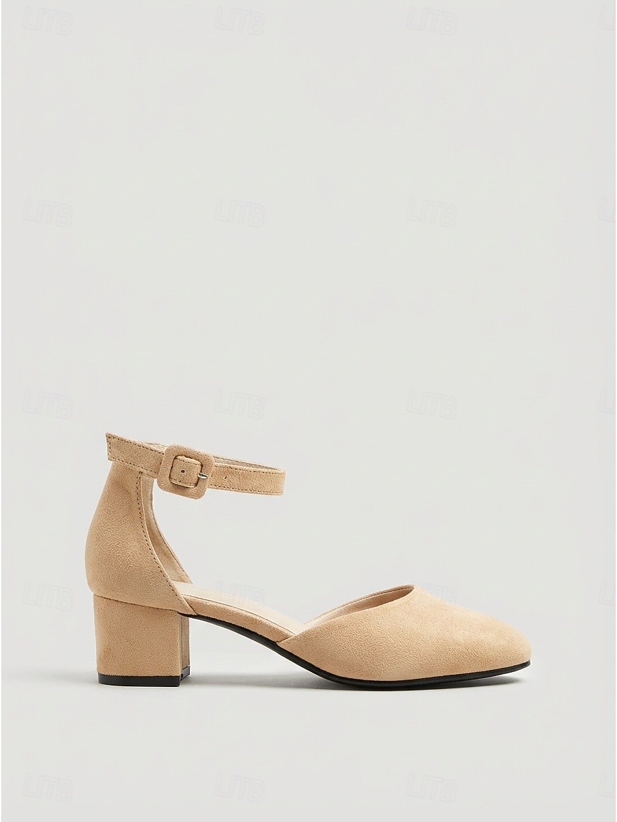 Décolleté da donna in camoscio beige con tacco a blocco, punta tonda e cinturino alla caviglia, ideali per feste in giardino e matrimoni. &eventi all'aperto del 2026 a $42.99 –P5