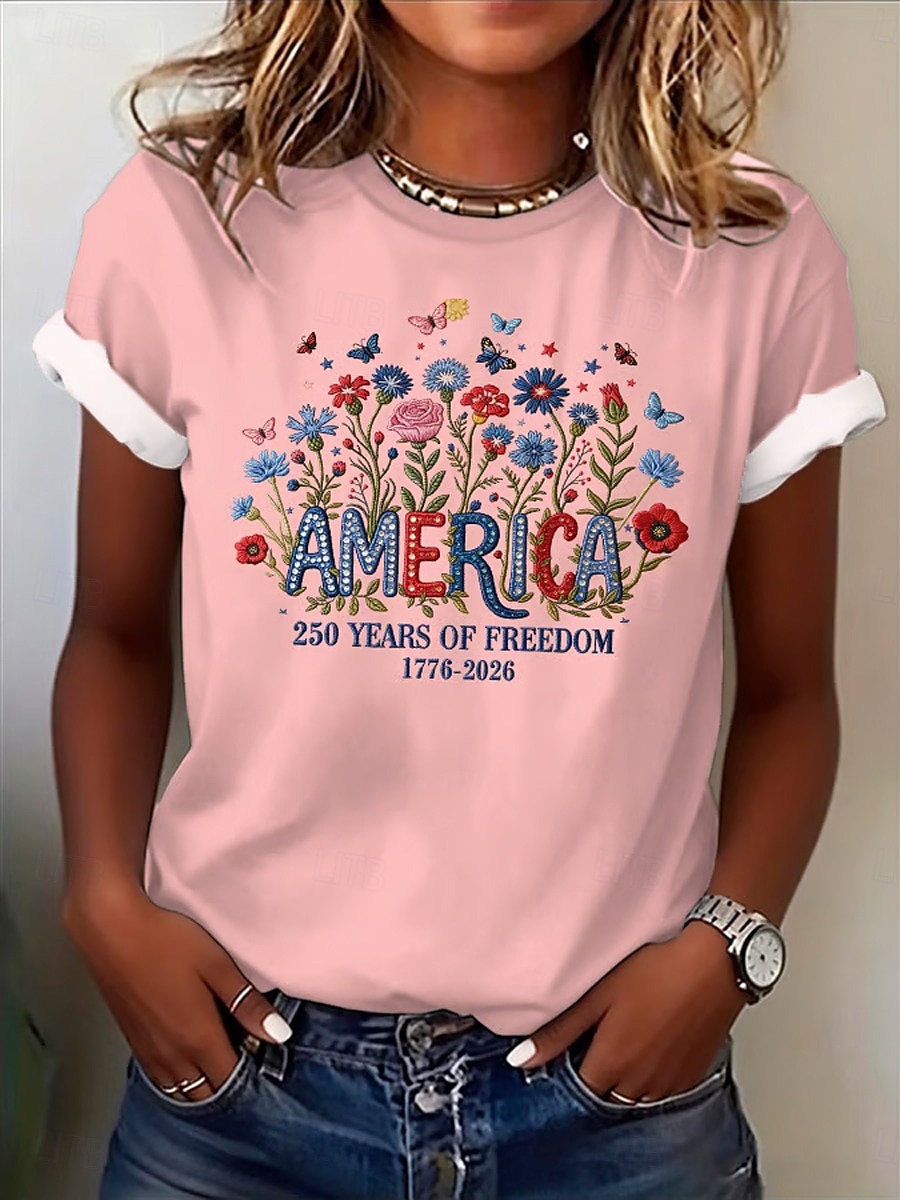 Dia da Independência Americana Mulheres Camiseta Imprimir Floral Gráfico Bandeira à moda Clássico Casual Manga Curta Gola Redonda Decote Redondo Tops regulares Casual Diário Azul Preto Branco Rosa de 2026 por $22.99 –P5