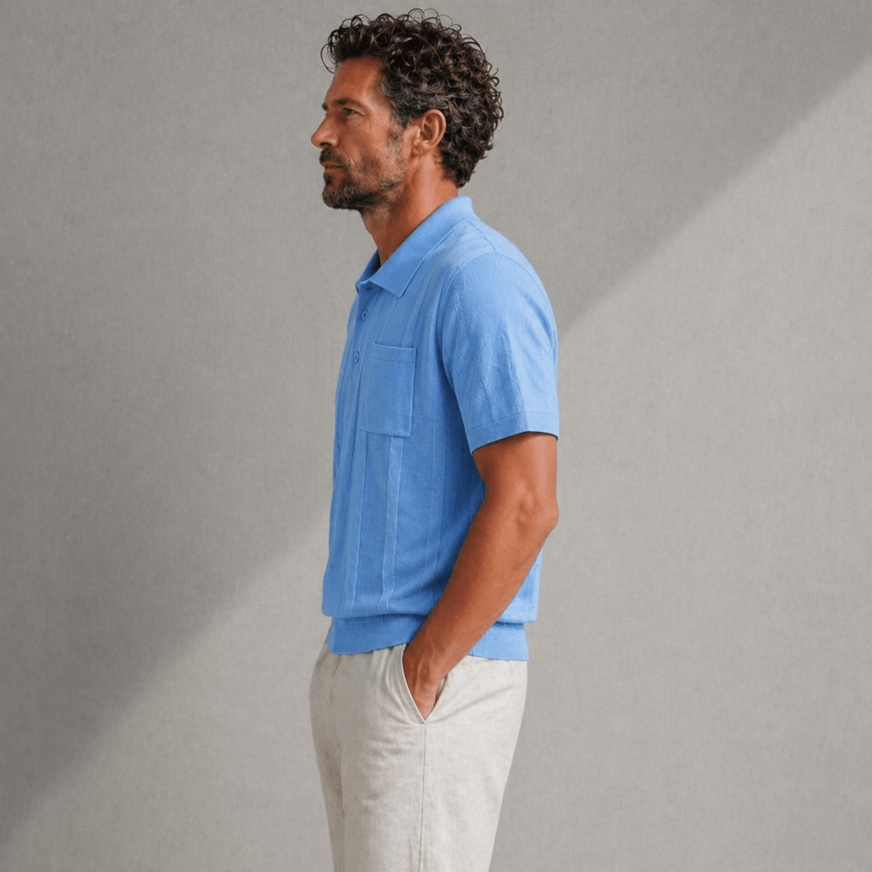 polo da uomo a trecce, maglia a coste, colletto a risvolto, maniche corte, tinta unita, foro, primavera &blu estivo del 2026 a $36.99 –P3