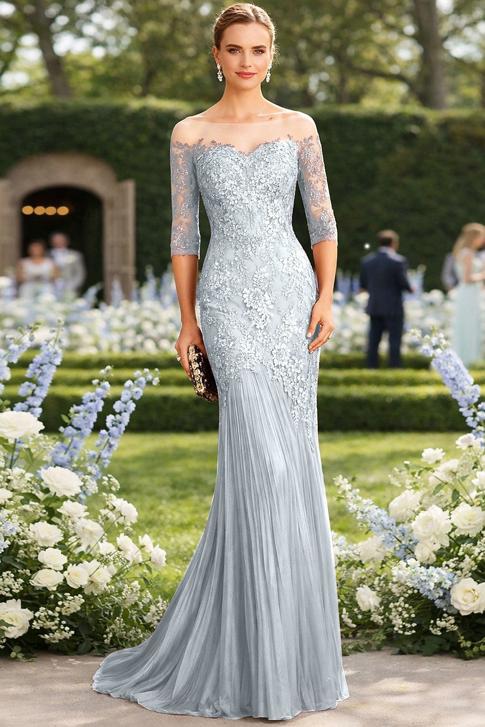 Syrena Tren sweep Suknia Suknia wieczorowa Sukienka dla matki panny młodej Rękaw 1/2 Łódeczka Elegancja Formalny Gość weselny Koronka Tiul z Haft nakładany 2026 - $208.99 –P12