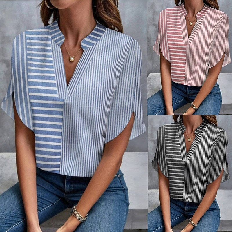 Femmes Chemise Chemisier Patchwork Rayé Élégant Vacances Manche Courte Col en V Hauts Longs Quotidien Fête Sortir Rose Claire Bleu Roi Été Printemps de 2026 ? $21.99 –P1