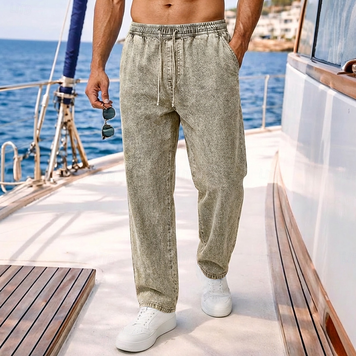 Pantalones softfade™ para hombre, pantalones casuales de verano, pantalones vaqueros 100% algodón, cintura elástica con cordón, pierna recta, lisos, cómodos, transpirables, largos, casuales, para uso diario, actividades al aire libre, vacaciones. 2026 - $17.49 –P11