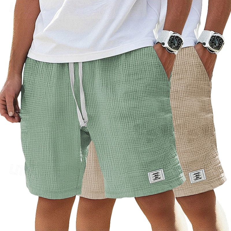 Men's Cotton Linen Shorts Summer Shorts Beach Shorts Casual Shorts Drawstring Pocket Elastic Waist Plain Comfort Breathable Knee Length Beach Vacation Holiday Hawaiian Casual Black+Khaki White+Navy 2026 - $33.99 –P4