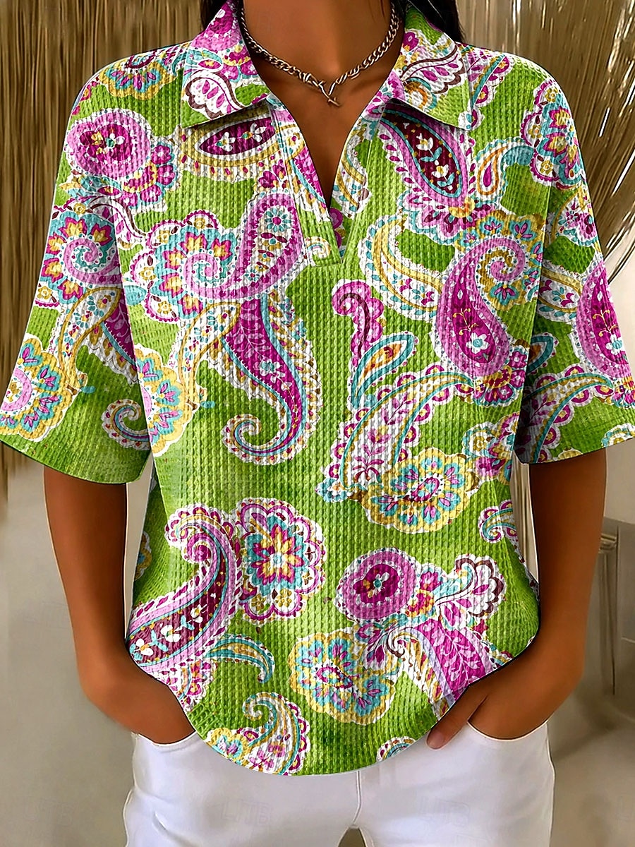 Femmes Tee-shirt Gaufre Tops tricotés texturés Graphique Géométrique Abstrait Élégant ancien Classique Demi Manches Col Polo Hauts Réguliers Occasionnel Quotidien Rose Claire Vert Kaki Été Printemps de 2026 ? $24.99 –P5
