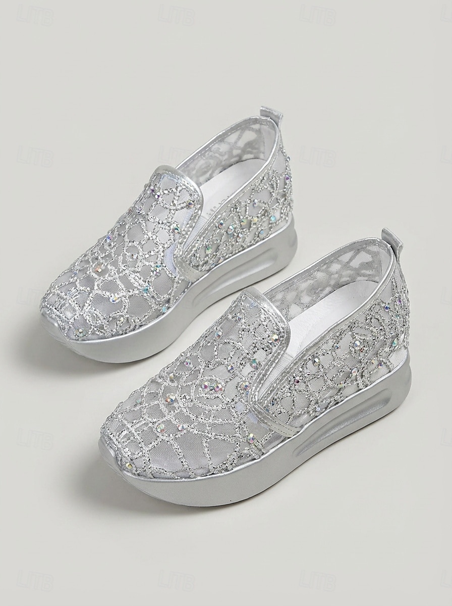 Baskets compensées blanches en dentelle pour femme - chaussures confortables à enfiler ornées de strass, idéales pour un mariage champêtre. de 2026 ? $32.99 –P4