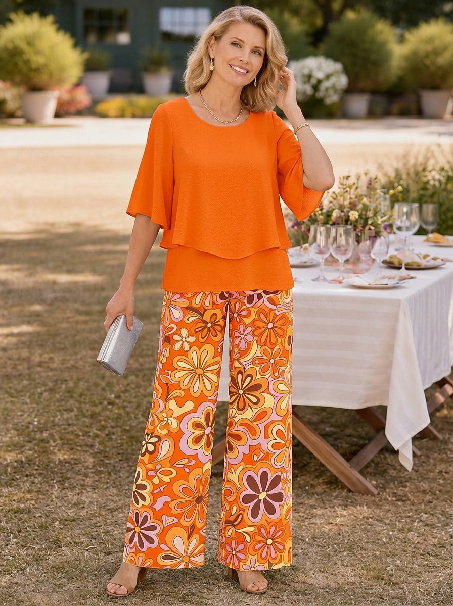Per donna Set di Pantaloni Manica Corta Mezza Manica A farfalla Girocollo Floreale Grafico Elegante Vacanza Casuale Quotidiano Arancione Verde Beige Primavera & Estate Vestibilità comoda del 2026 a $36.99 –P1