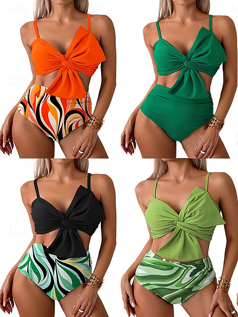 Mujer Bañadores Bikini 2 piezas Alta cintura Traje de baño Frunce Vacaciones Ropa de playa Graphic Escote en Pico Sin Mangas Trajes de baño 2026 - $27.99 –P1