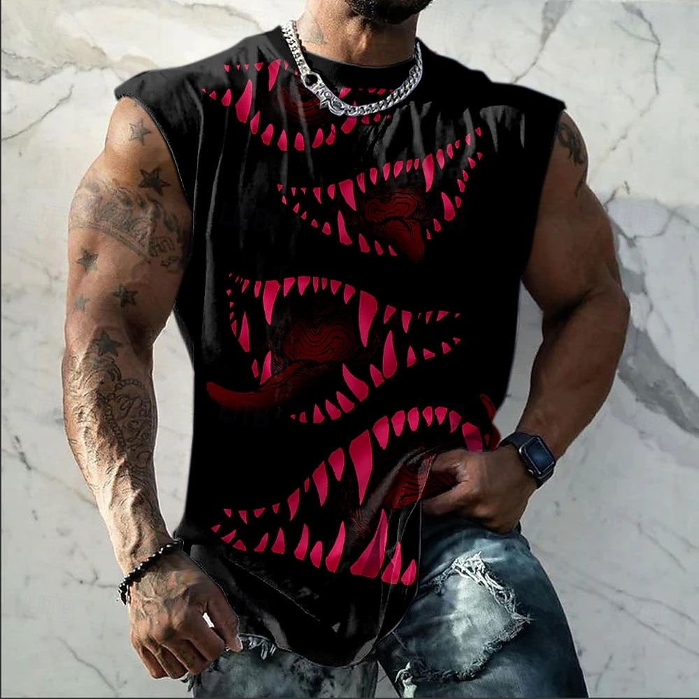 herrtopp med taggiga monsterkäkar, flera vassa tänder, gotisk punk, skräck, ärmlös, heltryck, gym, sommar, musik, festival, designerkläder, s m l xl xxl xxxl 2026 - $17.99 –P3