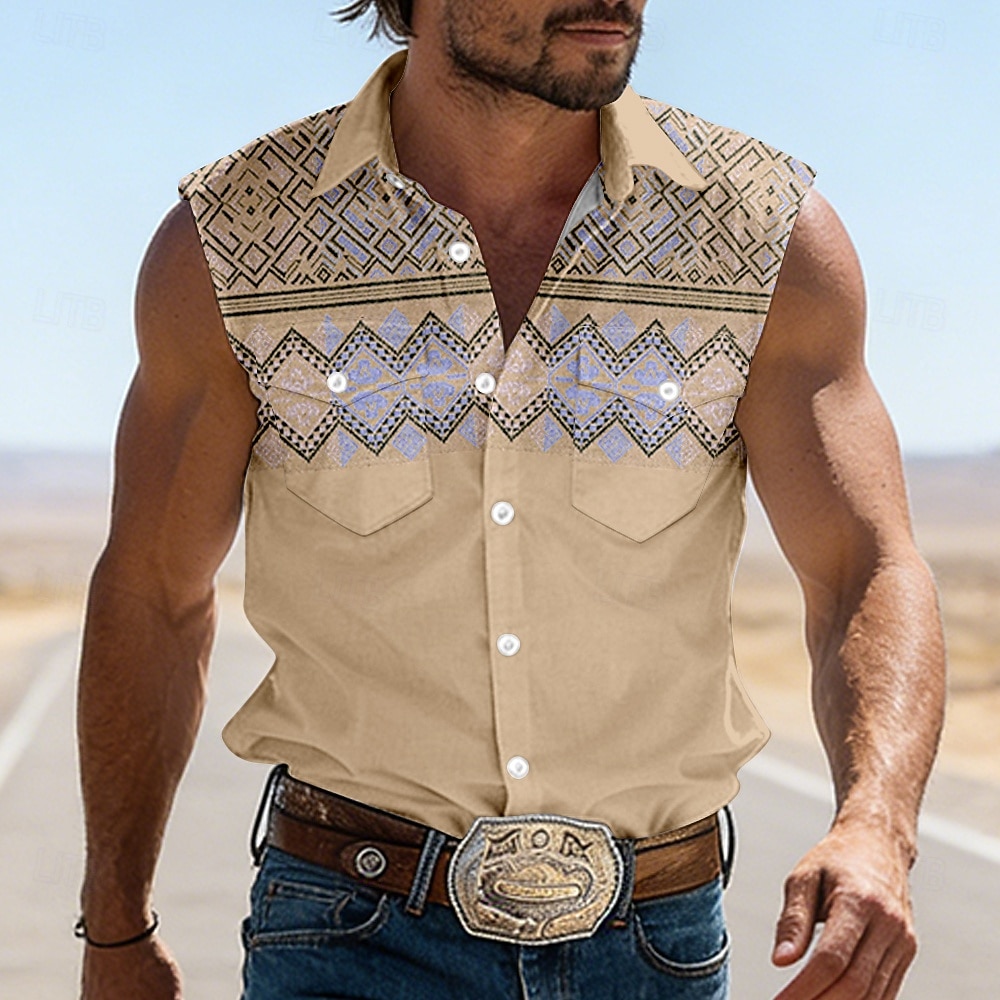 Herren Geometrisches Muster Ethnisch Westernhemd Cowboy-Shirt Ärmelloses Shirt Ärmellos Westernstil Outdoor Arbeit Lässig Sommer Frühling Umlegekragen 3D-Druck Arbeitshemden Blau Rosa Khaki 2026 - $25.99 –P3