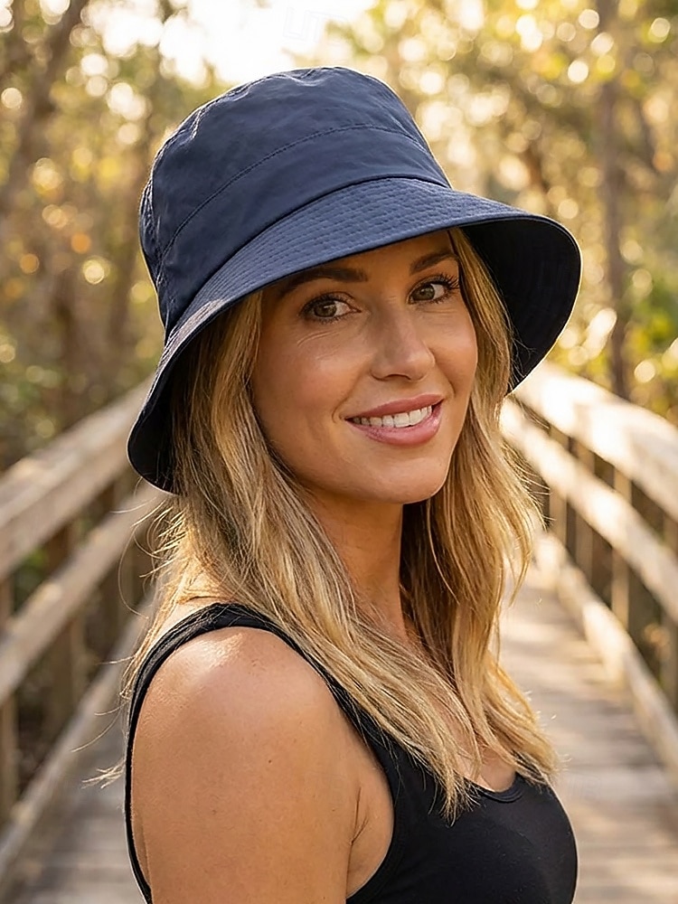 Sombrero de pescador informal de algodón para mujer, sombrero de sol elástico ajustable en varios colores para vacaciones en la playa, uso diario informal, viajes y estilo veraniego al aire libre. 2026 - $14.99 –P3