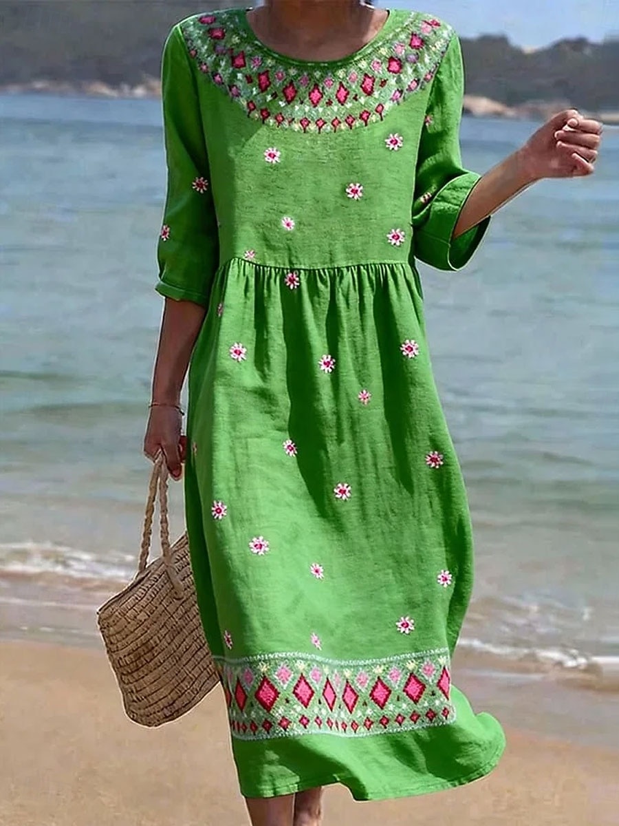 Dames Halflange jurk Zonnejurk Zomerjurk Vakantie Casual Boho Strand Feestdagen Ruim Passend Bloemig Grafisch Geometrisch 3/4 mouw Strakke ronde hals blauw Blozend Roze Paars Groen Zomer Lente 2026 - $34.99 –P6