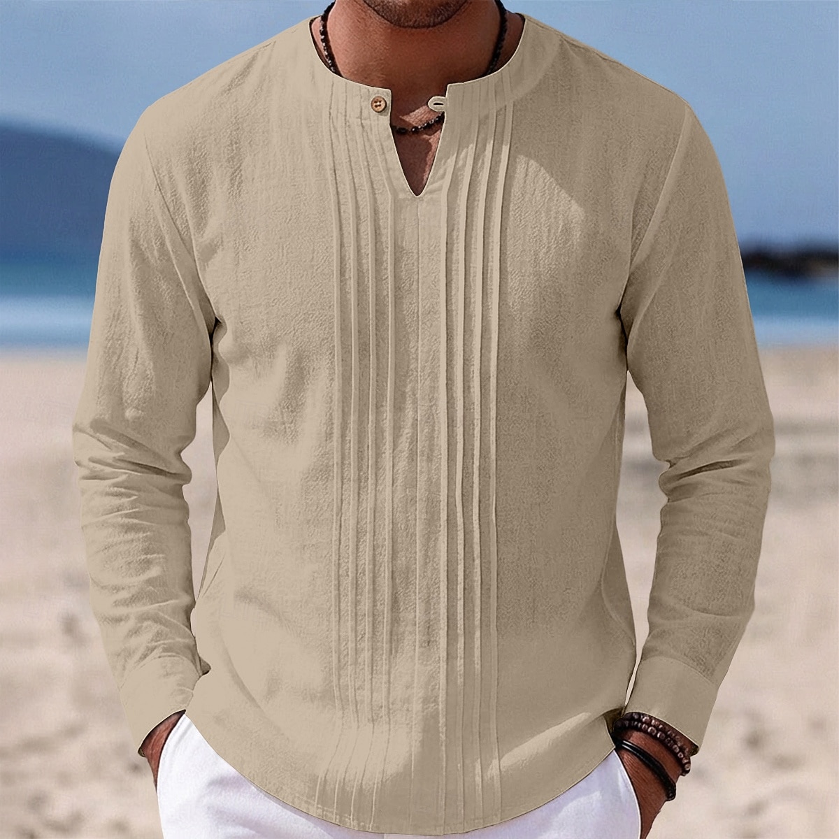 Férfi Ing Vászon ing Nyári póló Stranding Tömör szín Hétköznapi Vakáció Medence Fekete Fehér Khakizöld Hosszú ujj Mandarin gallér Nyár Tavasz Ruházat Fodrozott 2026 - $25.99 –P5