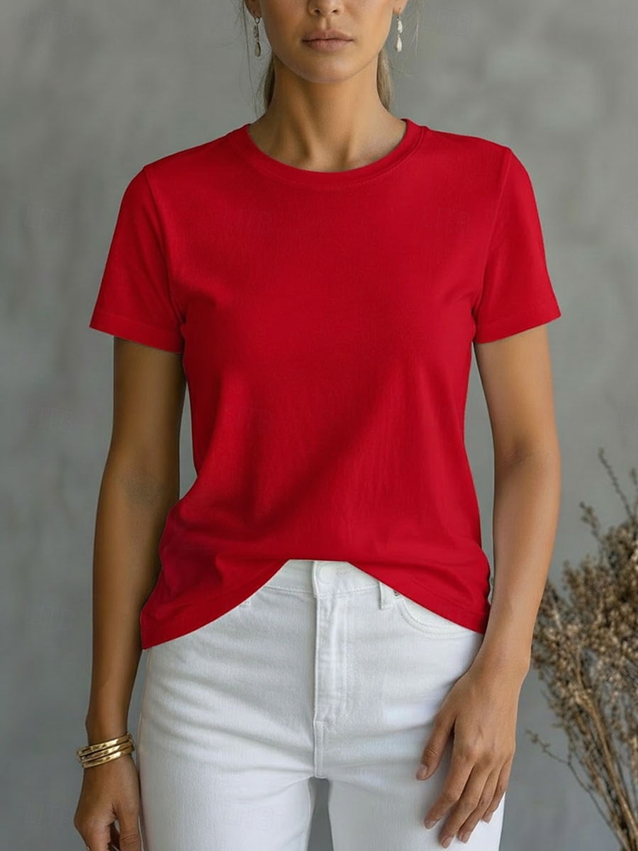 Mulheres Camiseta Camisa de algodão T-shirt Côr Sólida Moda à moda Básico Manga Curta Gola Redonda Decote Redondo Tops regulares Casual Diário Para Noite Branco Rosa Vermelho Laranja Verão Primavera de 2026 por $19.99 –P7