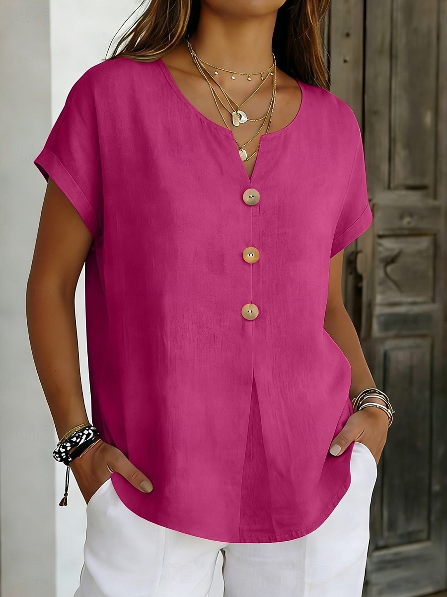 Mulheres Blusa Botões Côr Sólida à moda Básico Casual Manga Curta Decote V Tops regulares Diário Azul Preto Branco Rosa Roxo Verão Primavera de 2026 por $21.99 –P4