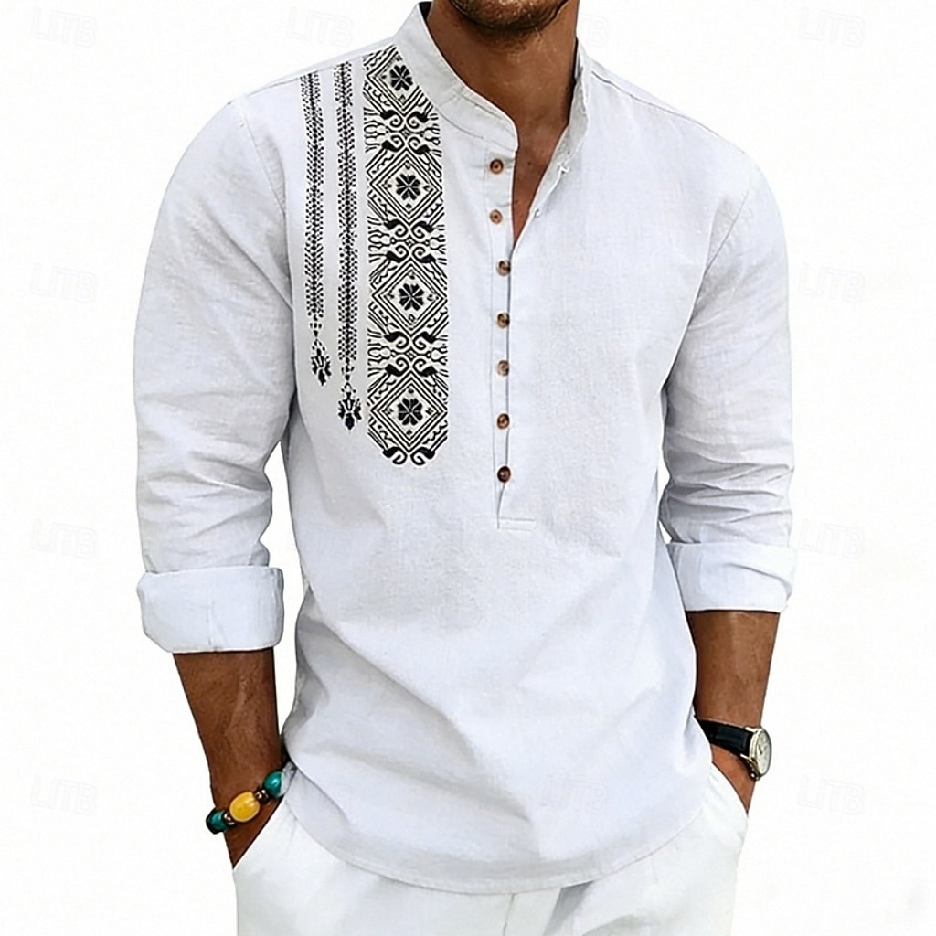 Men's Shirt Linen Shirt Popover Shirt Summer Shirt Beach Shirt Geometric Casual Vacation Black White Pink Navy Blue Long Sleeve Stand Collar Summer Spring Clothing Apparel Buttons 2026 - $25.99 –P8