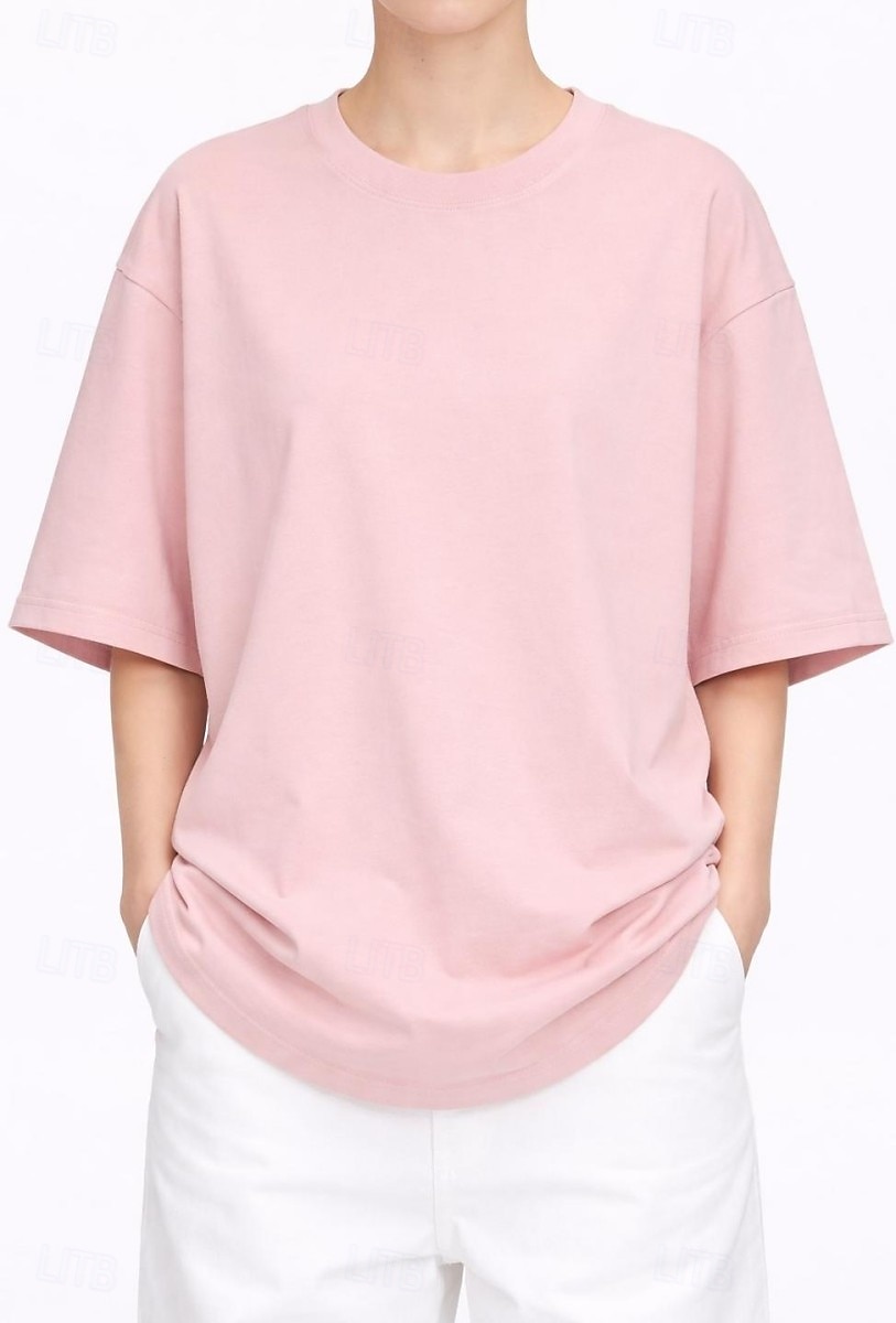 T-shirt surdimensionné en 100 % coton pour femme tee-shirt haut couleur unie élégant basique décontracté manches courtes col rond hauts réguliers sports quotidiens sortie noir blanc rose vin bleu de 2026 ? $19.99 –P17