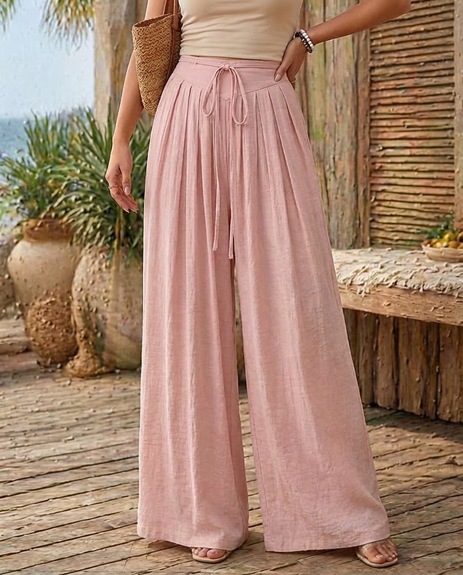 Pentru femei Pantaloni cu aspect de in Picior Larg chinez Vacanță De Bază Lungime totală Talie Înaltă Simplu Cordon Respirabil Inelastic Vacanță Stradă Casual Gri Negru Roz Îmbujorat Kaki Var 2026 - $41.99 –P5