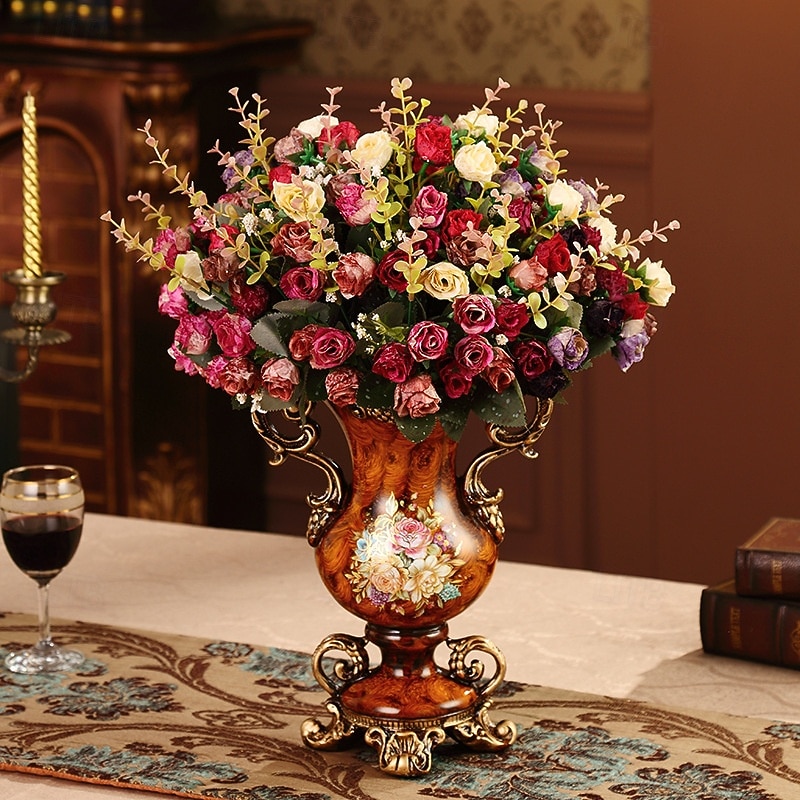 europeisk kunstig vintage blomsteroppsats vasesett gyllen harpiksvase falsk blomst, luksuriøs europeisk stil hjemmeinnredning, bordblomsteroppsats for stue, kontor, hotell, inngangsparti 2026 - $79.99 –P8