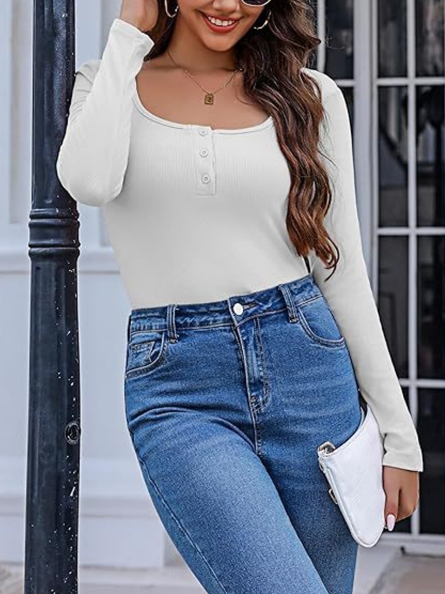 Women's Blouse Buttons Solid Color Daily Stylish Casual Long Sleeve Crew Neck Regular Tops Daily Black White Wine Brown Dark Gray Spring Fall 2026 - $22.99 –P2