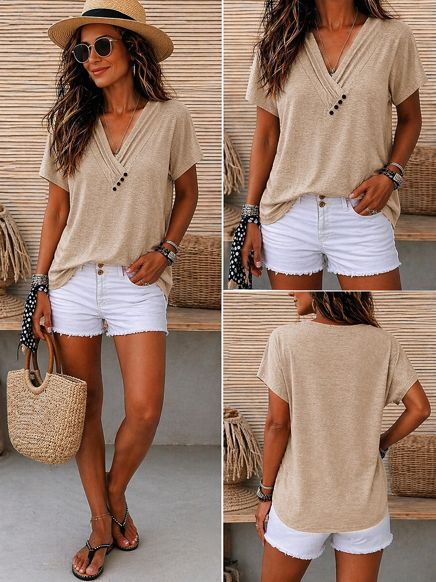 Per donna Top estivi Arricciato Bottoni Grafico Semplice Elegante Classico Manica Corta Scollo a V Top lunghi Casuale Quotidiano Abbigliamento da vacanza Bianco Rosa Verde Grigio Azzurro Estate del 2026 a $21.99 –P2
