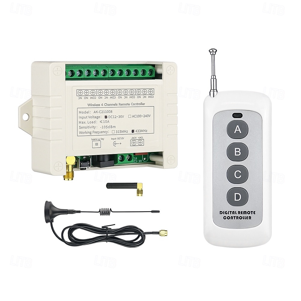 DC 12V 24V 36V 4 csatornás vezeték nélküli távirányító kapcsoló, 433mhz RF relé vevő modul 2 nagy hatótávolságú antennával &4 gombos adó, 10A-es vezérlő garázskapu világításhoz, barkácsoláshoz 2026 - $25.99 –P1