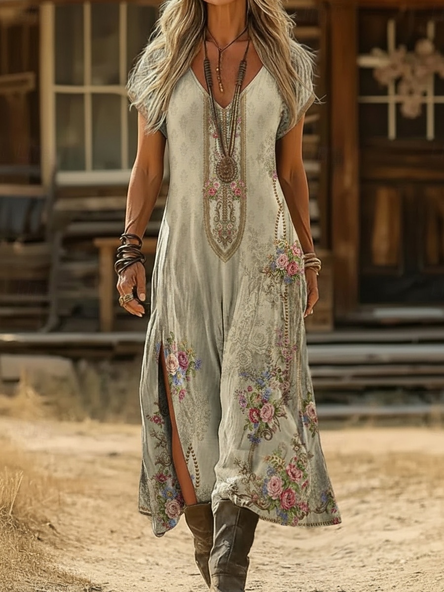 Damen Maxikleid Boho-Kleid Freizeitkleid A Linie Kleid Druckkleid Vintage Outdoor Urlaub Wochenende Normale Passform Blumen Grafik Kurzarm V Ausschnitt Blau Dunkelgrün Violett Grün Sommer Frühling 2026 - $25.99 –P1