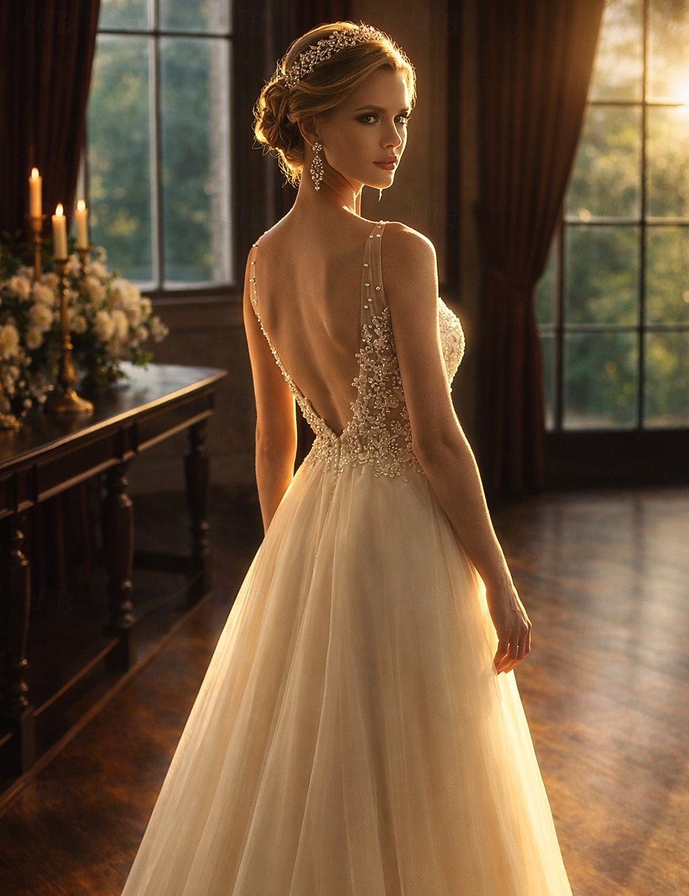 Ligne A Longueur au sol Robes de Bal Éclat & Brillance Dos Nu Sans manches Col en V Bal de promo Formel Tulle Dos en V avec Perlage Appliques de 2026 ? $201.29 –P2