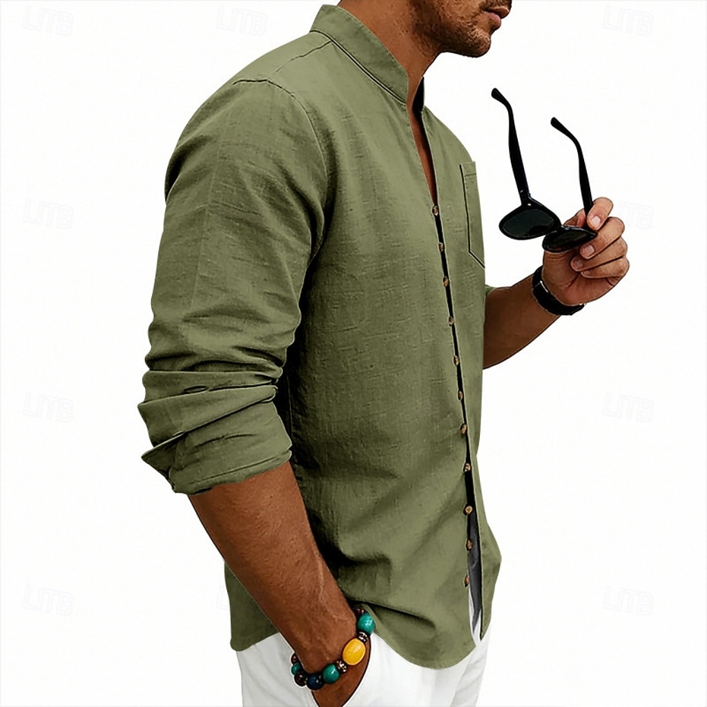 Homens Camisa Social Camisa de linho camisa de verão camisa de praia Tecido Casual Férias Preto Branco Rosa Azul Marinha Manga Longa Faixa Verão Primavera Roupa Bolsos de 2026 por $25.99 –P14