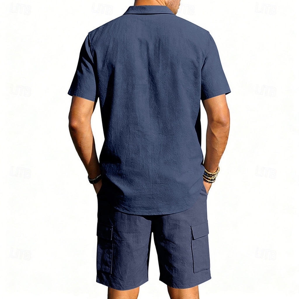 Homens Camisa de linho 2 Peças Conjunto de camisa E Bermuda Cargo Calção Shorts de linho Definir Tecido Diário Ao ar livre Férias Aberto para a Lateral Manga Curta Verão Moda Casual Confortável Roupa de 2026 por $32.99 –P11