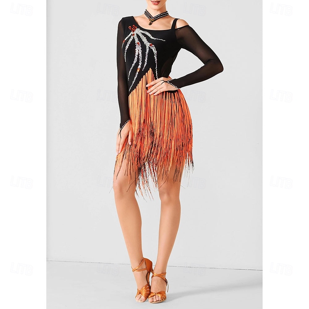 Women's Latin Dancewear - Black & Orange Rhinestone Mesh Long Sleeve Bodysuit with Rhythmic Tassel Hem for Performance 2026 - $280.69 –P4
