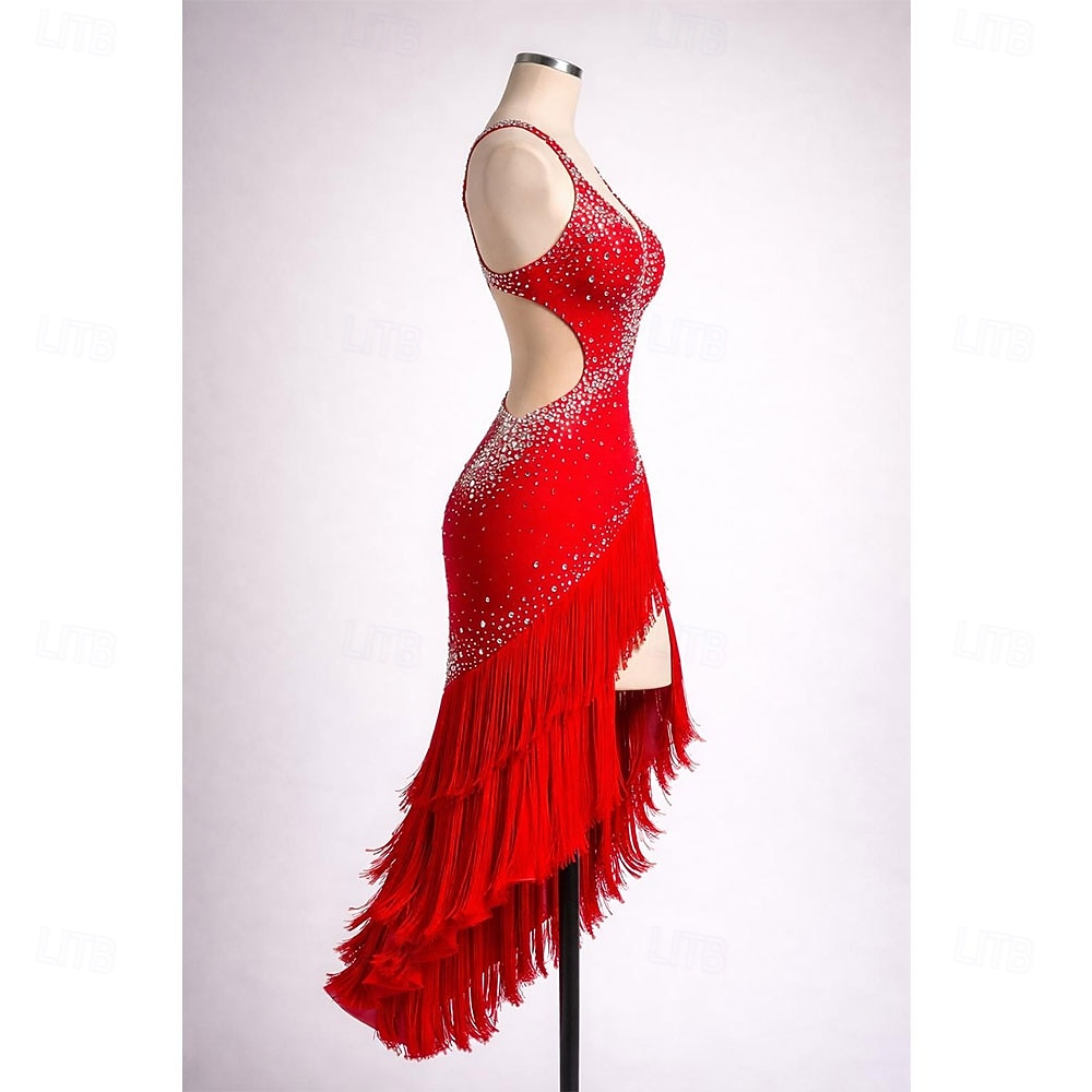 Abito da ballo latino da donna rosso con strass, scollo a V profondo e frange, abito da competizione per balli da sala del 2026 a $420.99 –P3