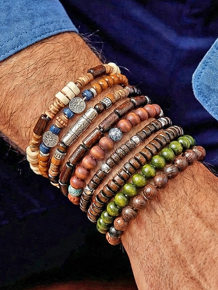 Σετ ανδρικών βραχιολιών με ξύλινες χάντρες μποέμ, 10 ελαστικά βραχιόλια με χάντρες που στοιβάζονται για διακοπές στην παραλία, καθημερινή casual ένδυση, ταξίδια και φεστιβάλ 2026 - $11.99 –P1