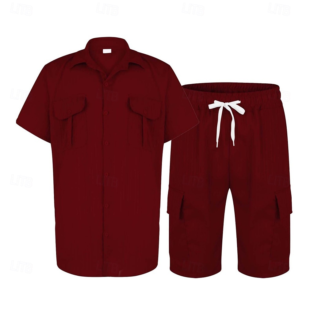 2026年 男性用 スタイル ２個 シャツセット そして ショーツ ビーチショーツ 設定 平織り カジュアル 日常 アウトドア 折襟 半袖 夏 ファッション カジュアル 快適 衣類  コレクション – $39.99 –P9