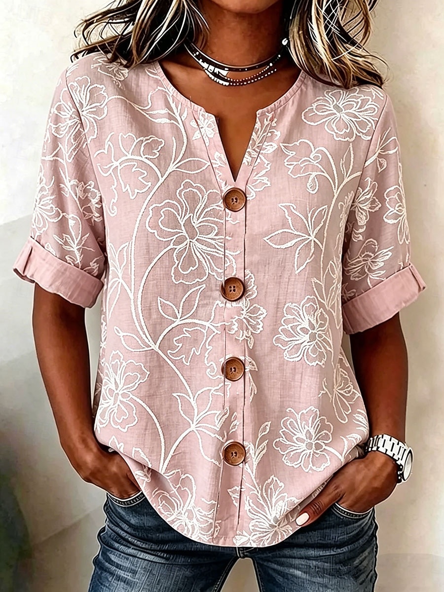 Dam Skjorta Mönster Blommig Grafisk Elegant Vintage Stylish Kortärmad Halvlång ärm V-hals Vanliga toppar Ledigt Dagligen Helgdag Blå Rodnande Rosa Grön Kaki Sommar Vår 2026 - $33.99 –P3