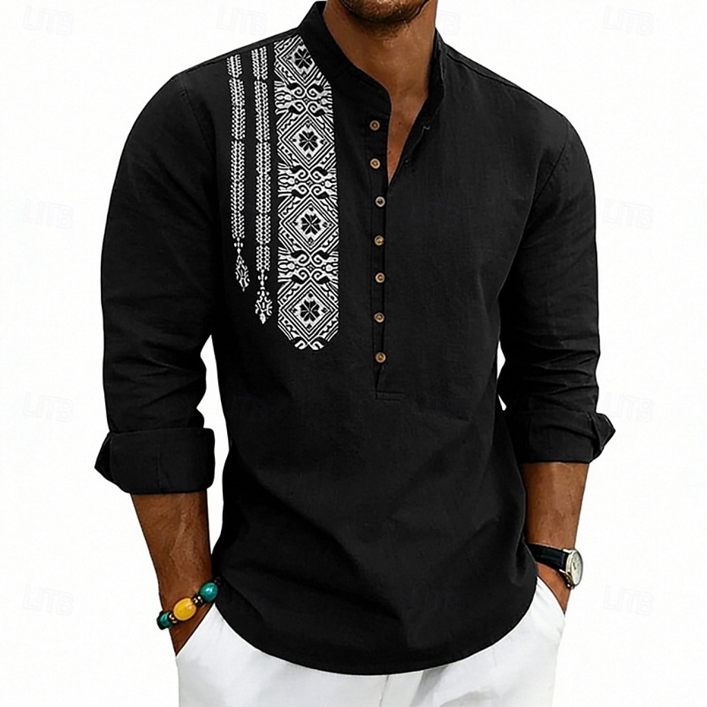 Men's Shirt Linen Shirt Popover Shirt Summer Shirt Beach Shirt Geometric Casual Vacation Black White Pink Navy Blue Long Sleeve Stand Collar Summer Spring Clothing Apparel Buttons 2026 - $25.99 –P17